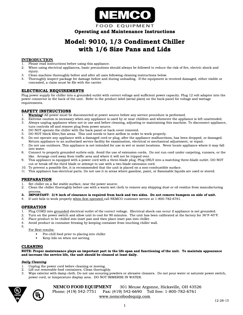 Page 1 de la notice Manuel utilisateur Nemco 9010