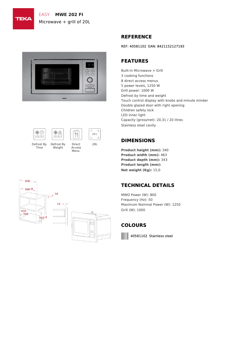 Page 1 de la notice Fiche technique Teka MWE 202 FI