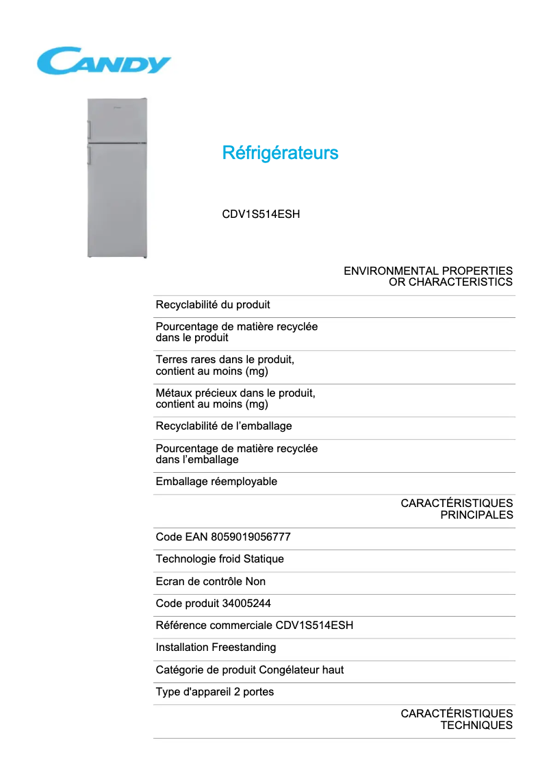 Page 1 de la notice Fiche technique Candy CDV1S514ESH