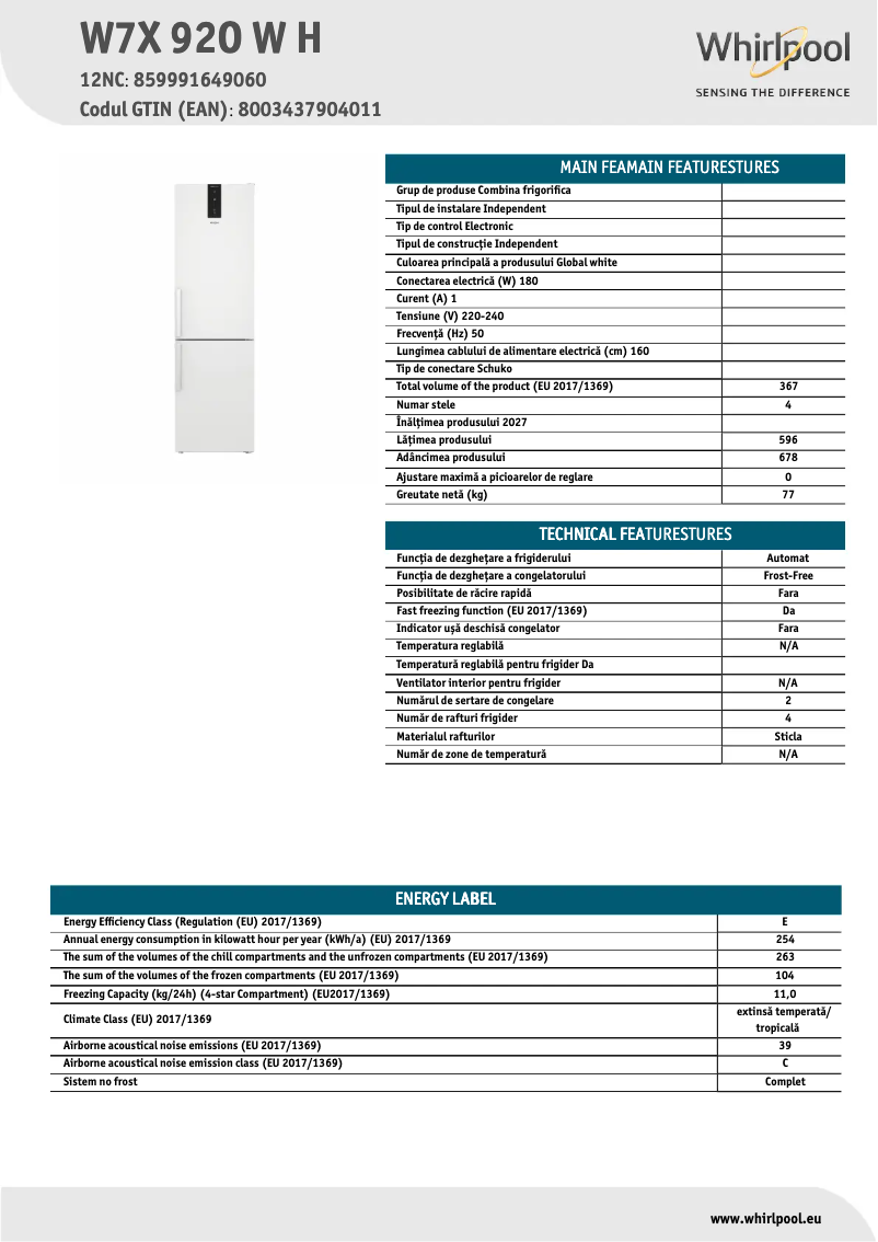 Page 1 de la notice Fiche technique Whirlpool W7X 92O W H
