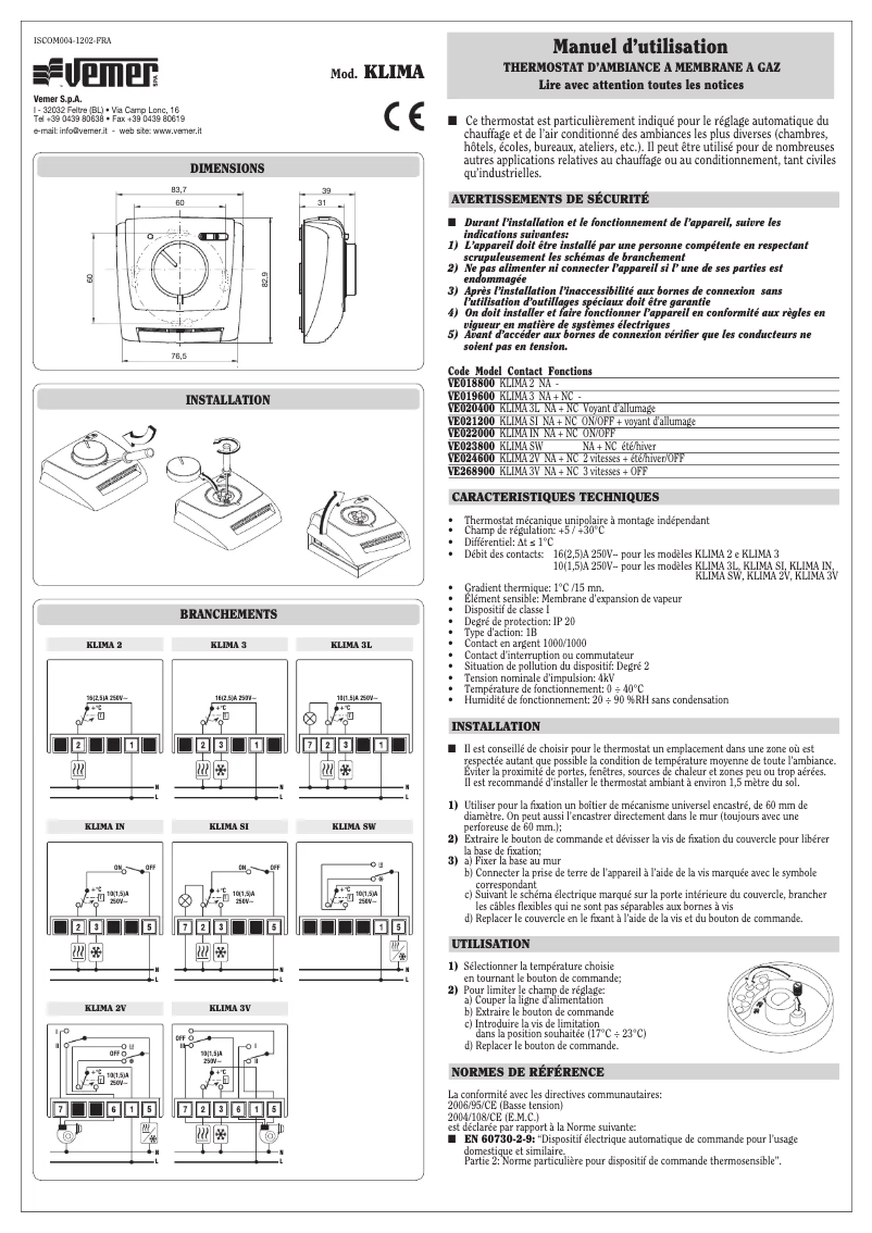 Page 1 de la notice Manuel utilisateur Vemer Klima 3