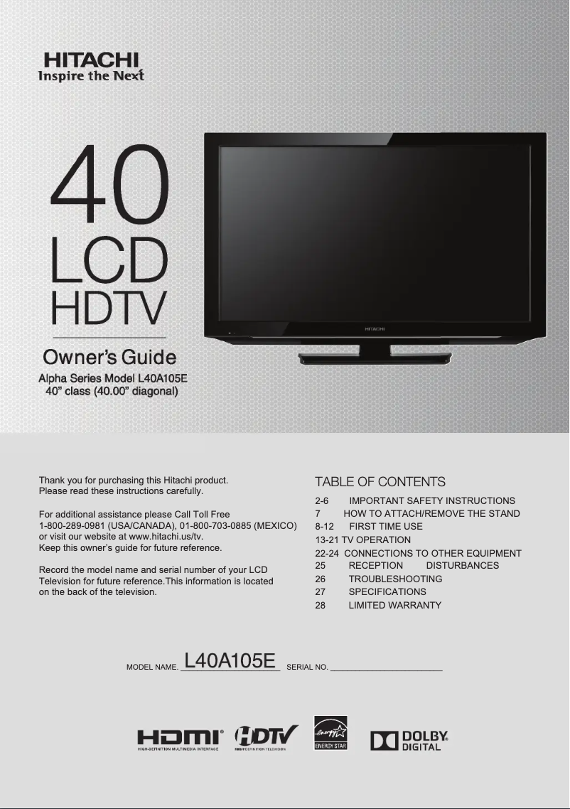 Page n°1 - Manuel utilisateur Hitachi L40A105E