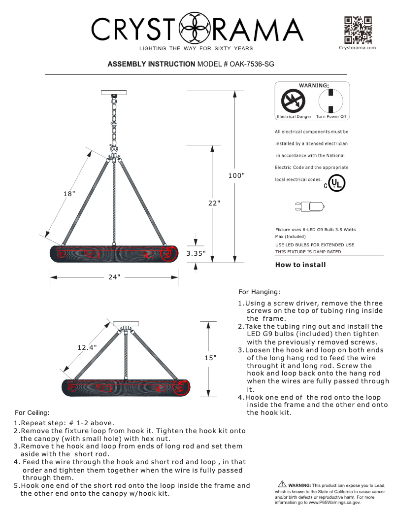 Page 1 de la notice Manuel utilisateur Crystorama Oakley OAK-7536-SG