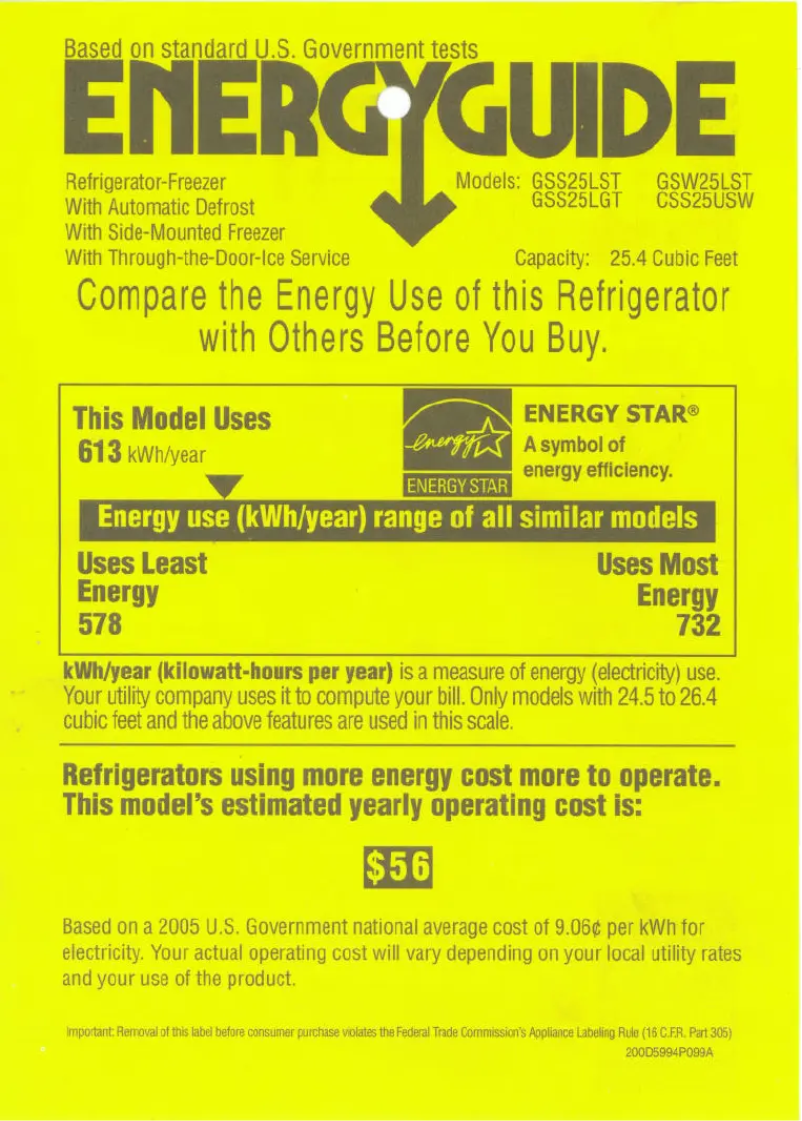 Page 1 de la notice Label énergétique GE GSS25LGTBB