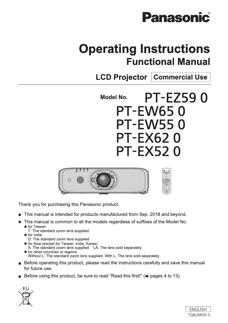 Page 1 de la notice Manuel utilisateur Panasonic PT-EZ590E