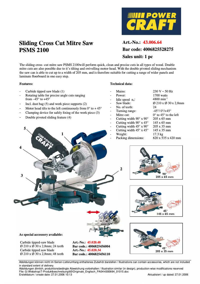 Page 1 de la notice Fiche technique Power Craft PSMS 2100