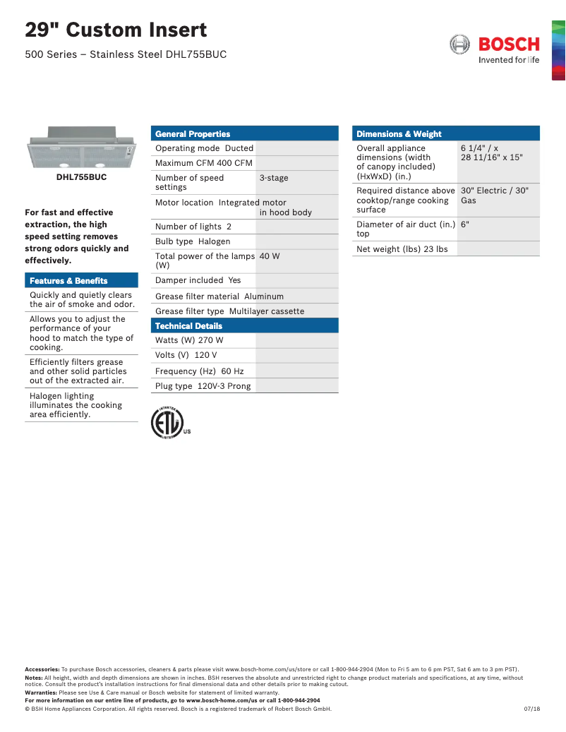 Page 1 of the manual Technical Sheet Bosch DHL755BUC