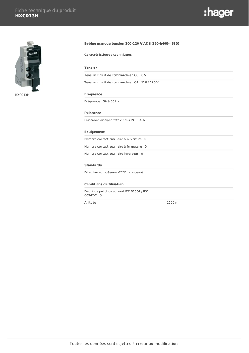 Page n°1 - Fiche technique Hager HXC013H