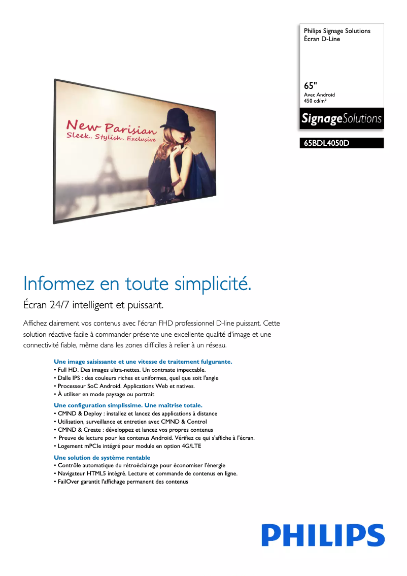 Page 1 de la notice Fiche technique Philips Signage Solutions 65BDL4050D