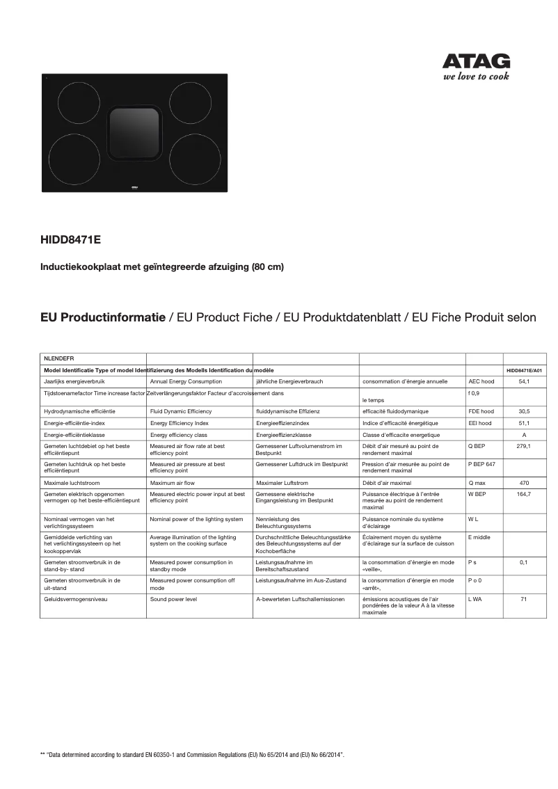 Page 1 de la notice Fiche technique Atag HIDD8471E