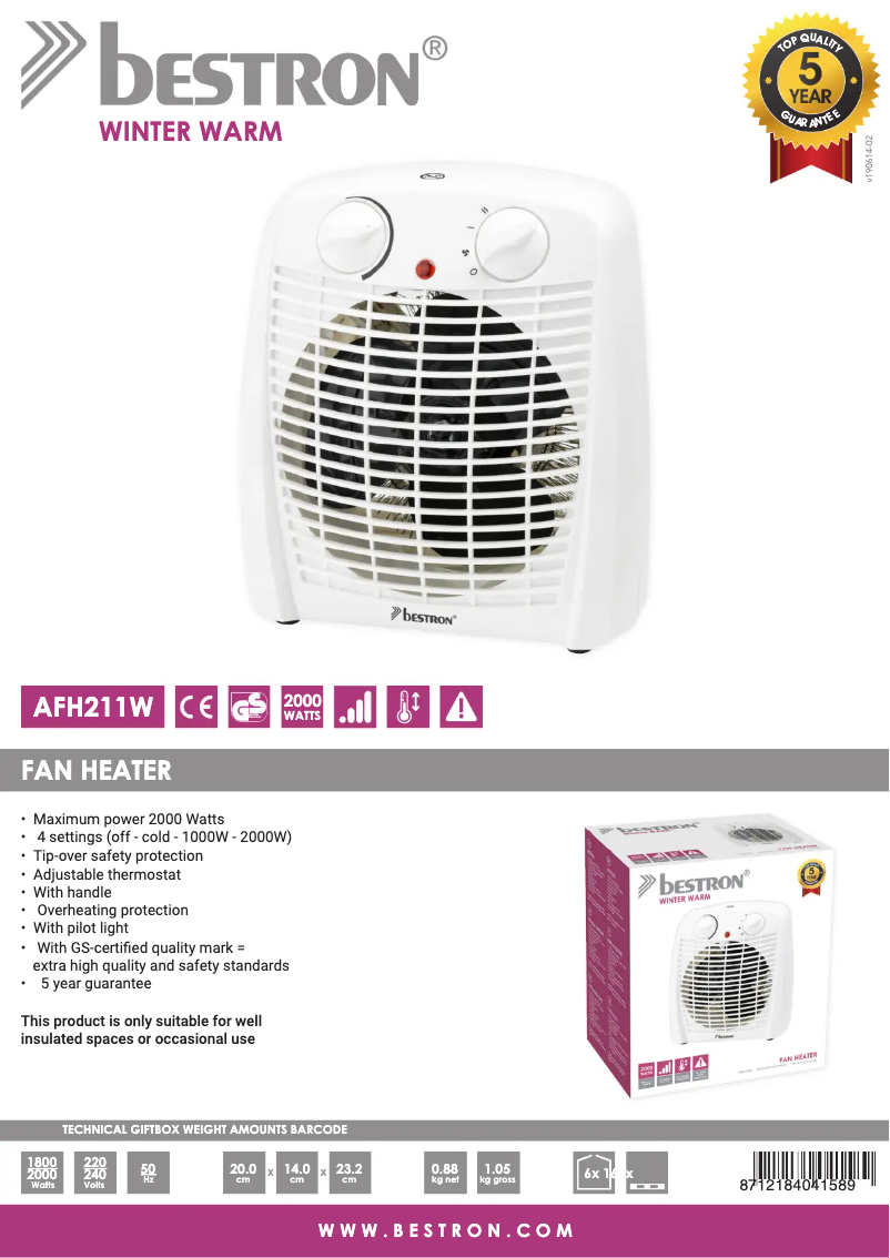Page 1 de la notice Fiche technique Bestron AFH211W
