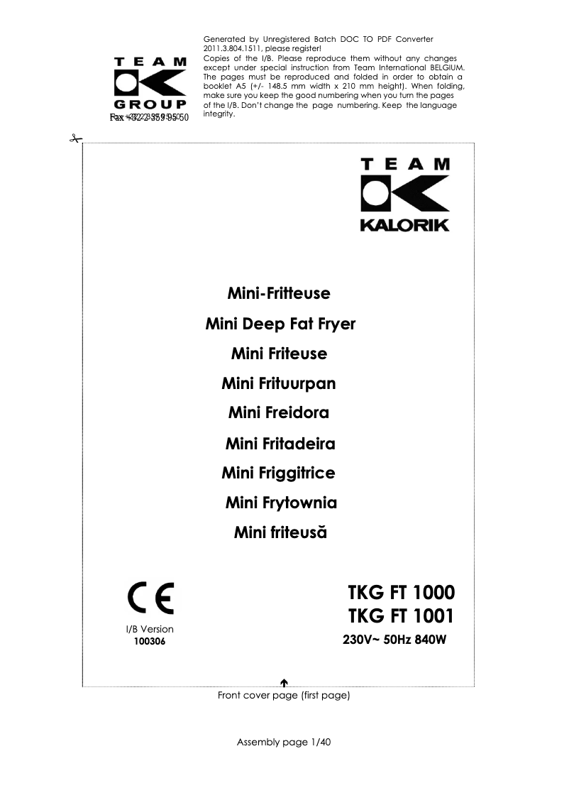 Page 1 de la notice Manuel utilisateur Kalorik TKG FT 1000