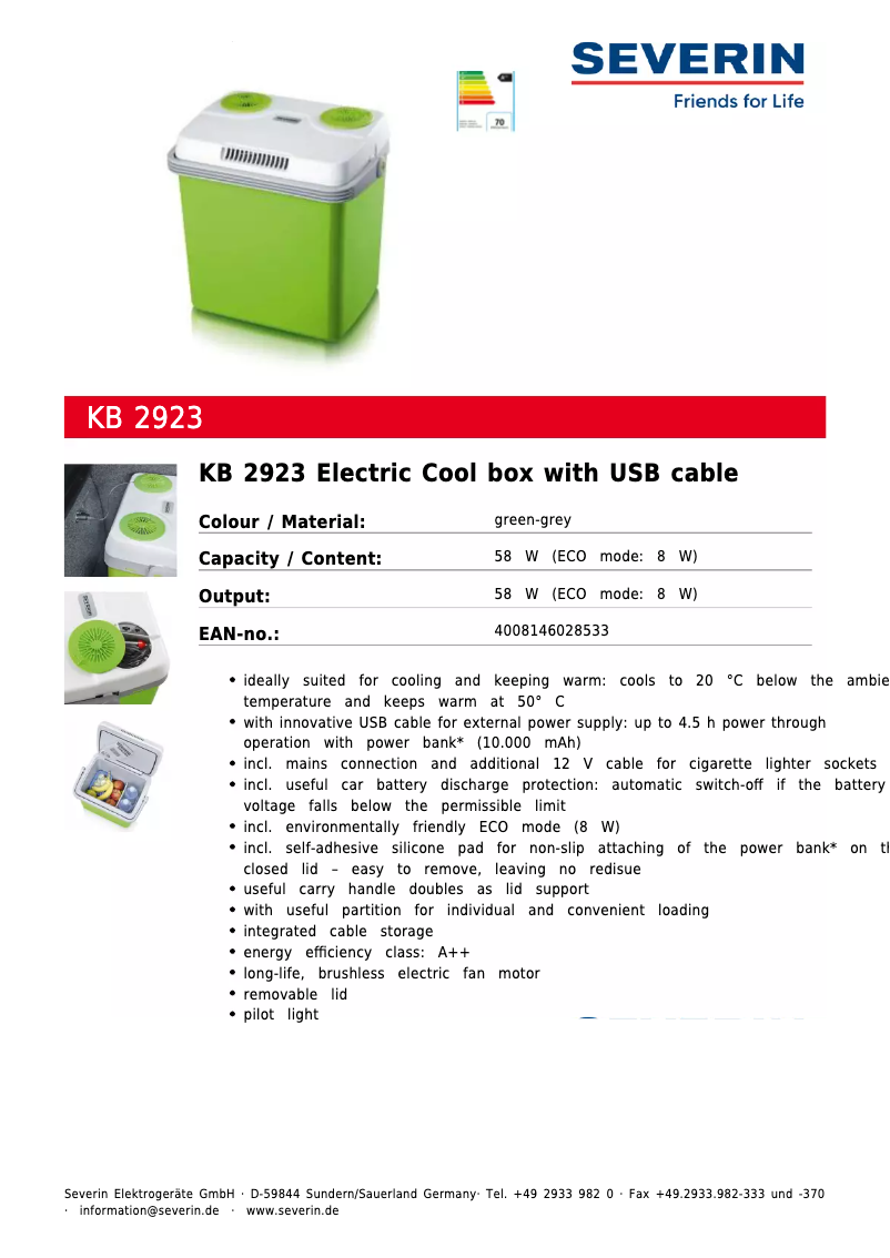 Page n°1 - Fiche technique Severin KB 2923