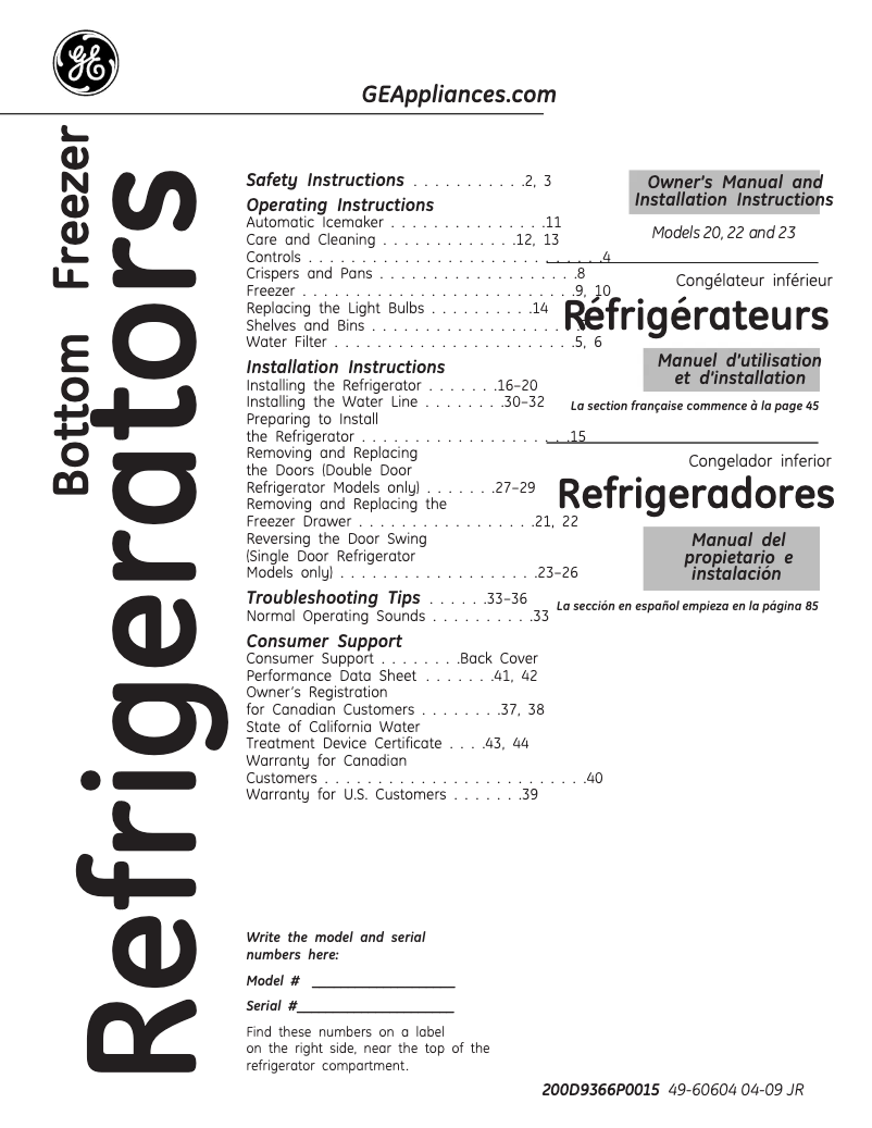 Page 1 de la notice Manuel utilisateur GE GFSF2HCYBB
