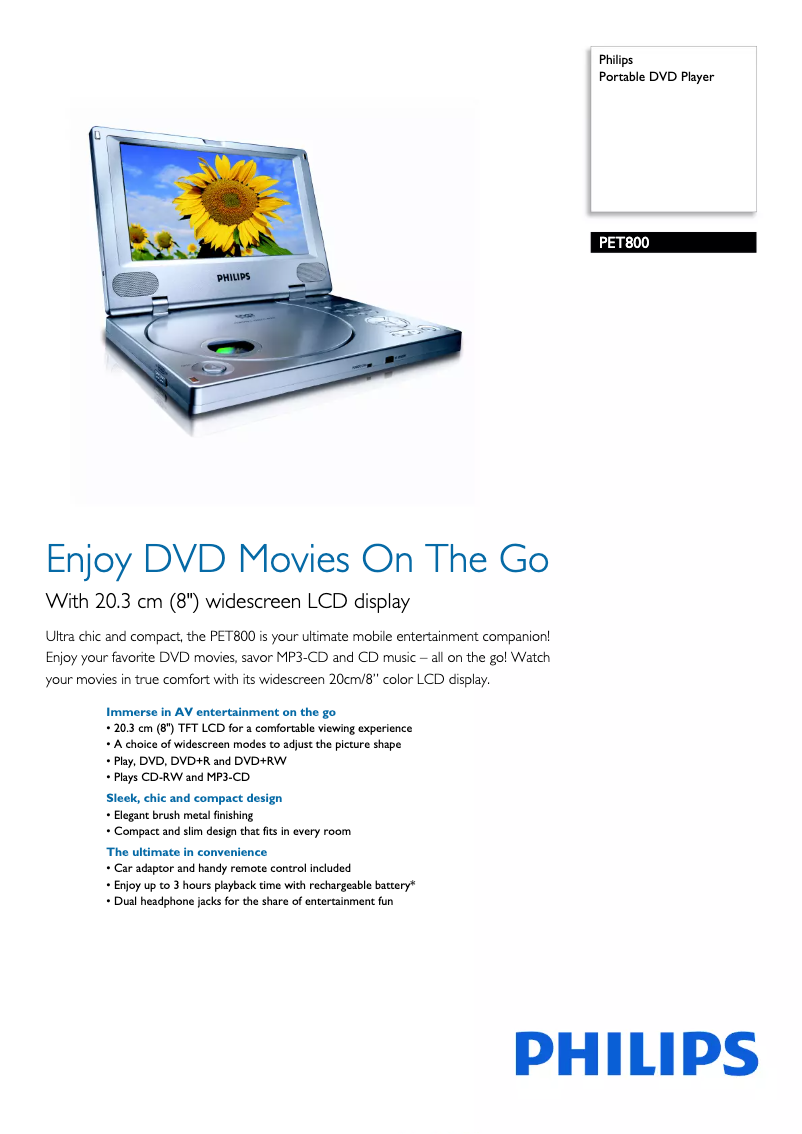 Page 1 de la notice Brochure Philips PET800