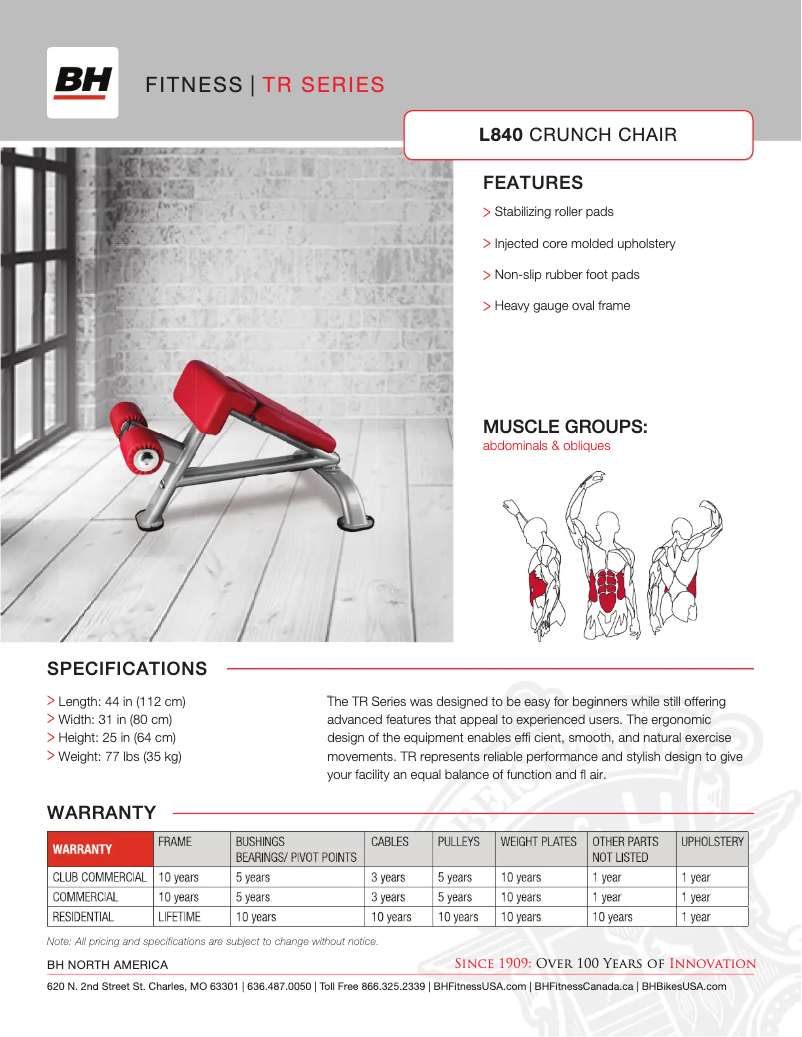 Page 1 de la notice Fiche technique BH Fitness L840
