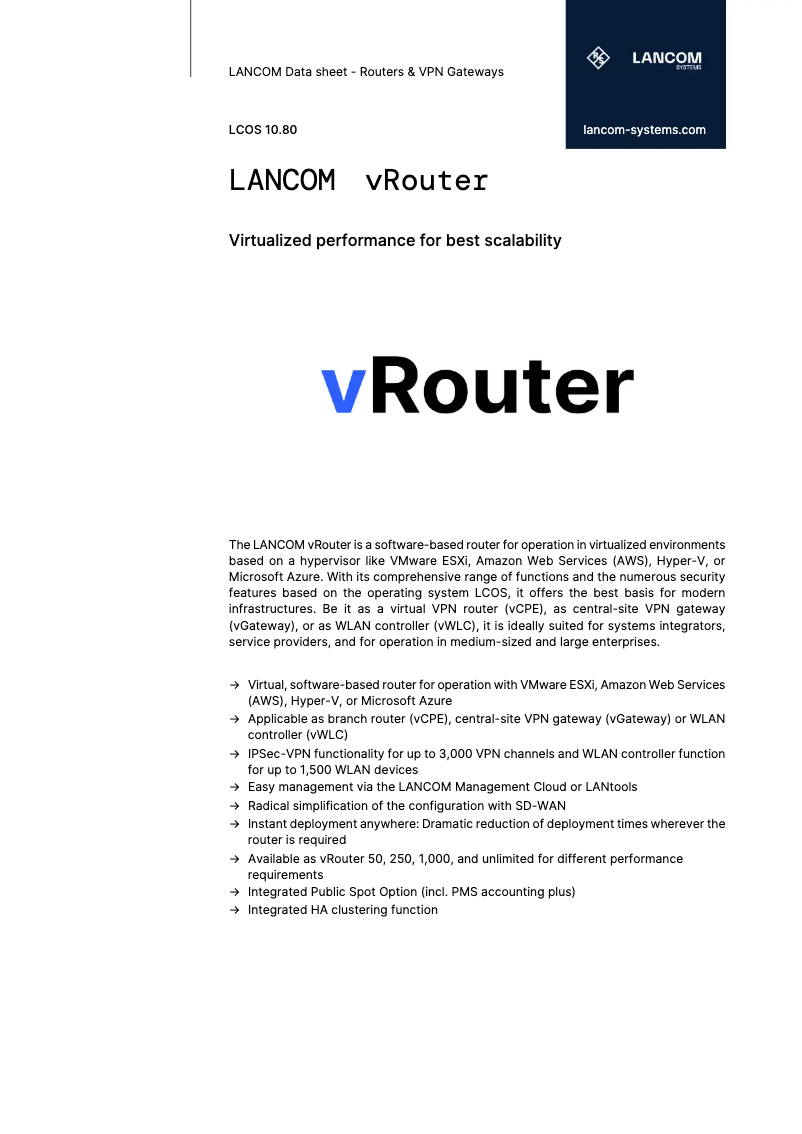 Page 1 de la notice Fiche technique Lancom vRouter
