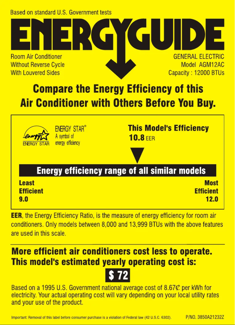 Page 1 de la notice Label énergétique GE AGM12AC