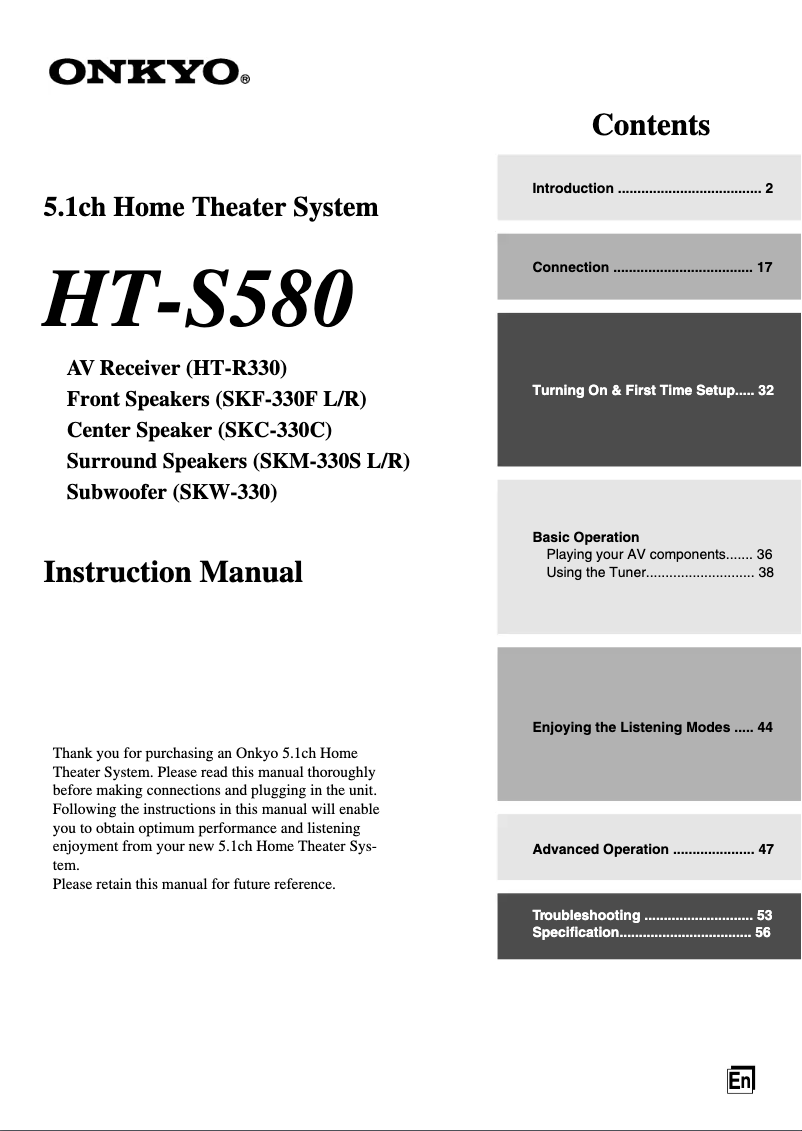 Page 1 de la notice Manuel utilisateur Onkyo HT-S580