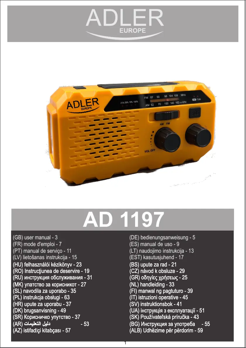Page 1 de la notice Manuel utilisateur Adler AD 1197