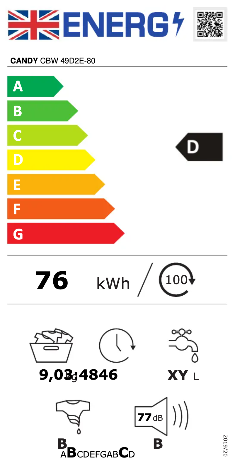 Page 1 de la notice Label énergétique Candy CBW 49D2E-80
