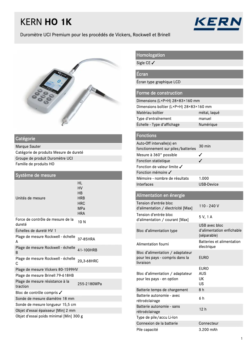 Page 1 de la notice Fiche technique Sauter HO 1K