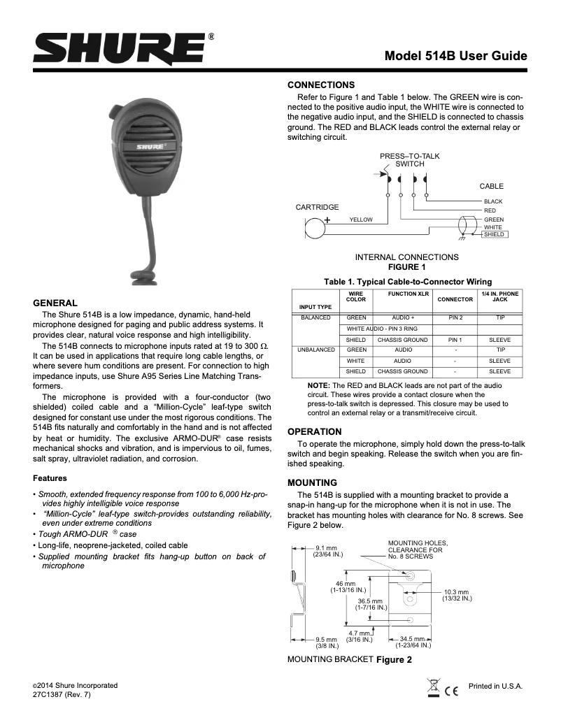 Page 1 de la notice Manuel utilisateur Shure 514B
