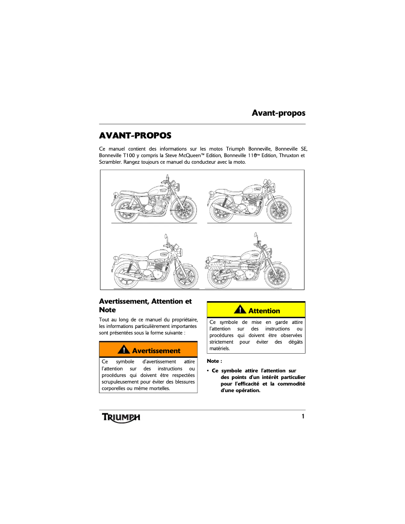Page n°1 - Manuel utilisateur Triumph Bonneville Newchurch (2016)