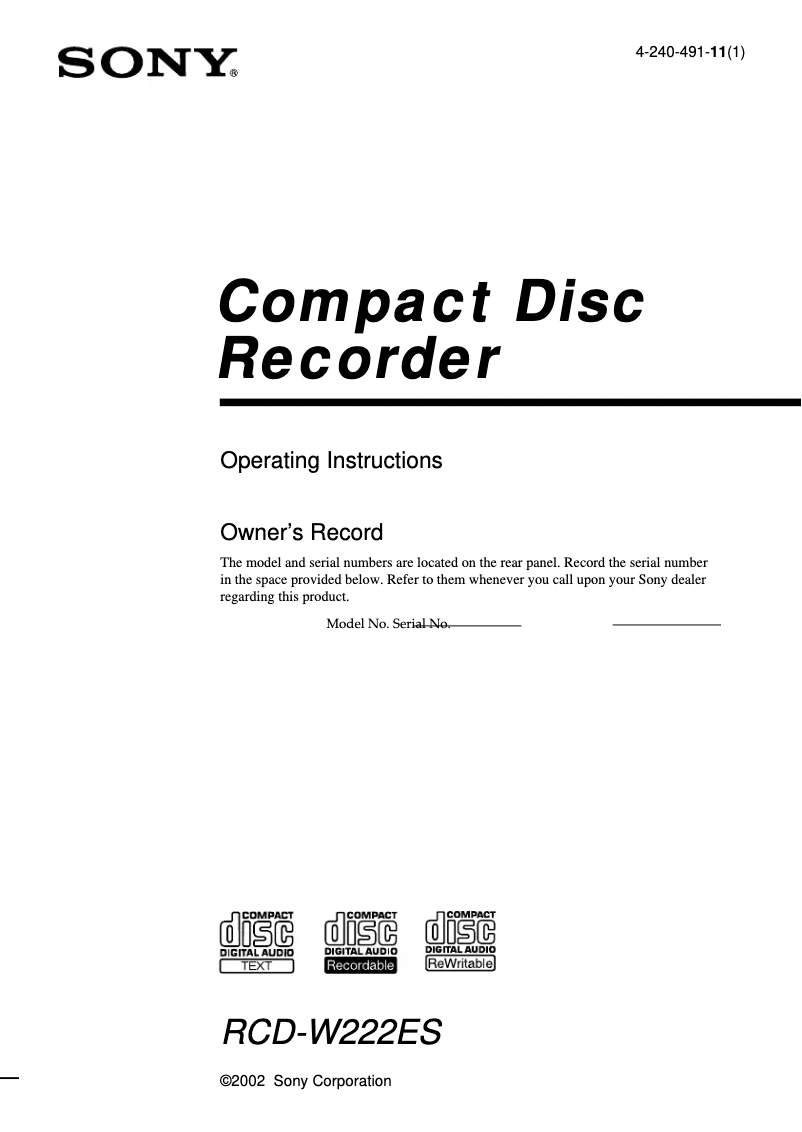 Page 1 de la notice Manuel utilisateur Sony RCD-W222ES