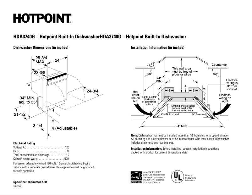 Page 1 de la notice Fiche technique Hotpoint HDA3740GSA