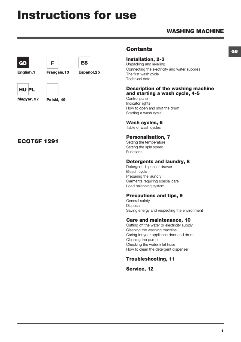 Page n°1 - Manuel utilisateur Hotpoint Ariston ECOT6F 1291 (EU)
