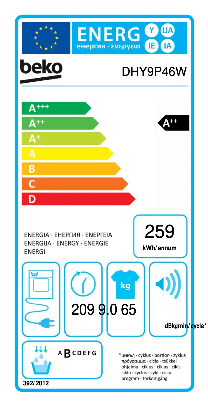 Page 1 de la notice Label énergétique Beko DHY9P46W