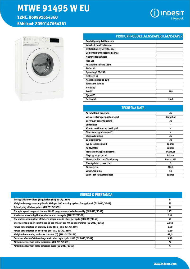 Página 1 del manual Ficha técnica Indesit MTWE 91495 W EU