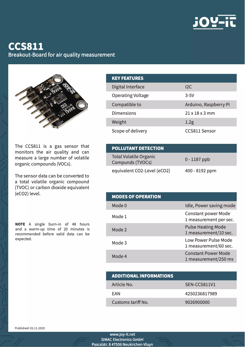 Page n°1 - Fiche technique Joy-It SEN-CCS811V1