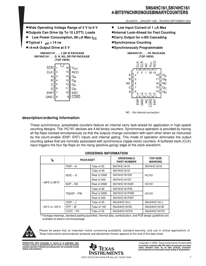Page 1 de la notice Manuel utilisateur Texas Instruments SN74HC161D