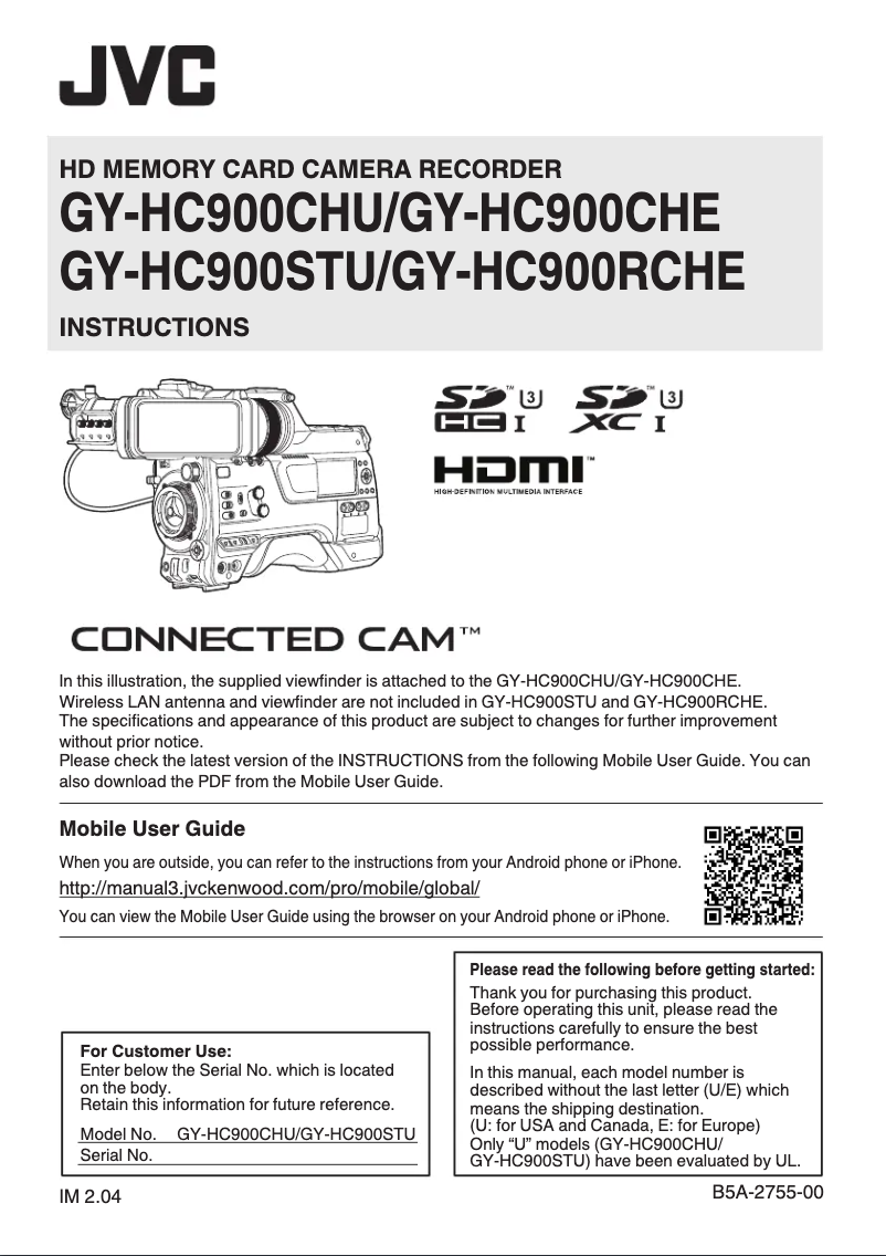 Page 1 de la notice Manuel utilisateur JVC GY-HC900STU
