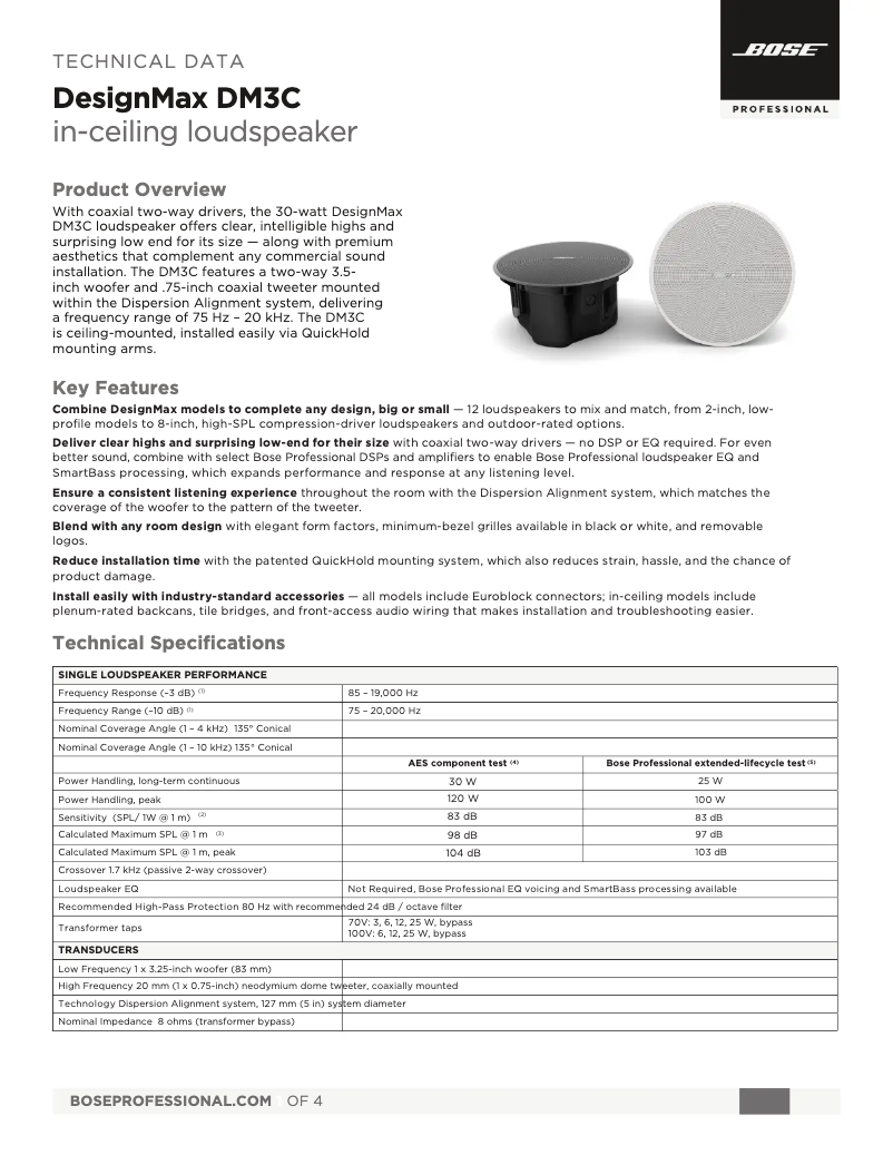 Page 1 of the manual Technical Sheet Bose DesignMax DM3C