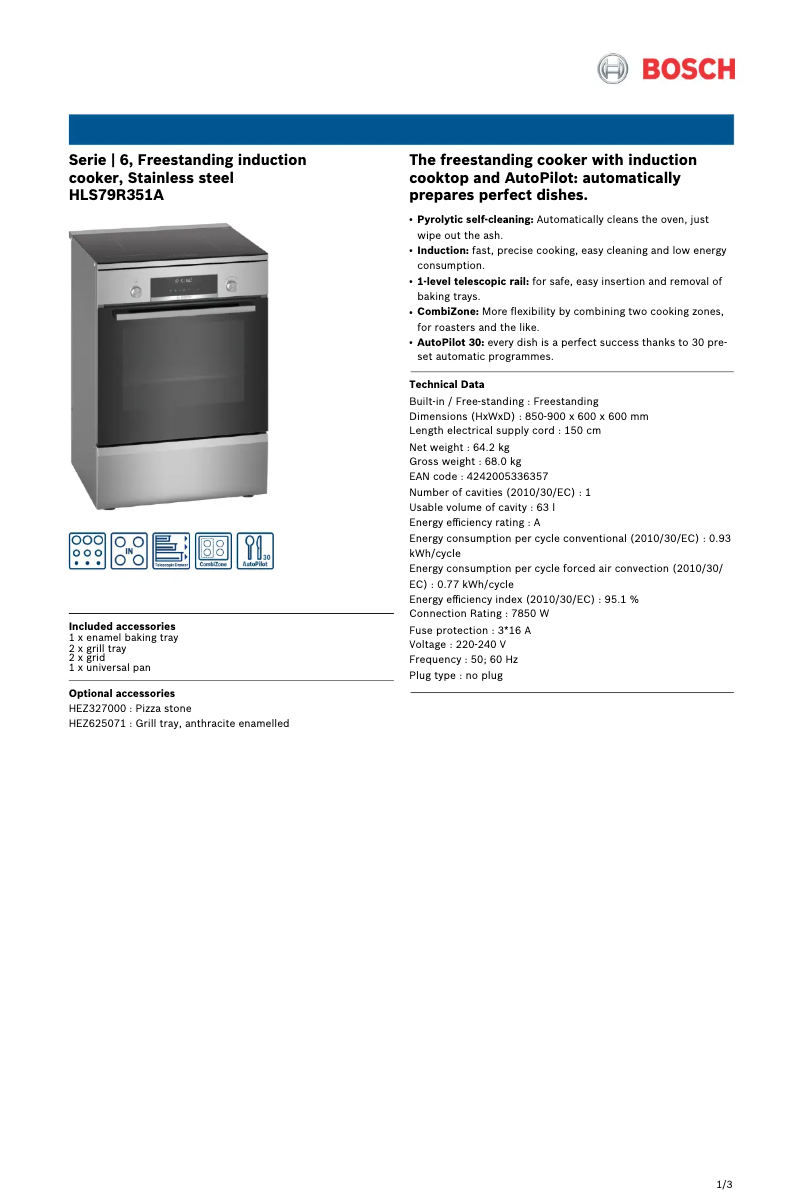 Page 1 de la notice Fiche technique Bosch HLS79R351A