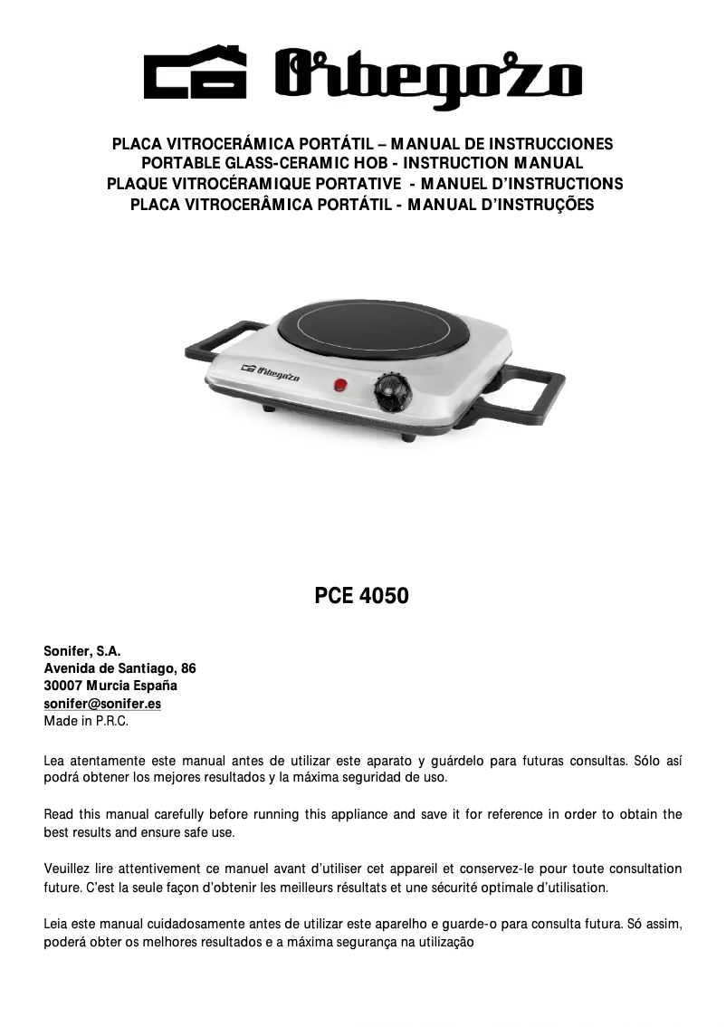 Page 1 de la notice Manuel utilisateur Orbegozo PCE 4050