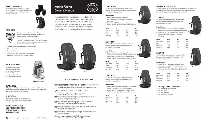 Page 1 de la notice Manuel utilisateur Osprey Xena 85