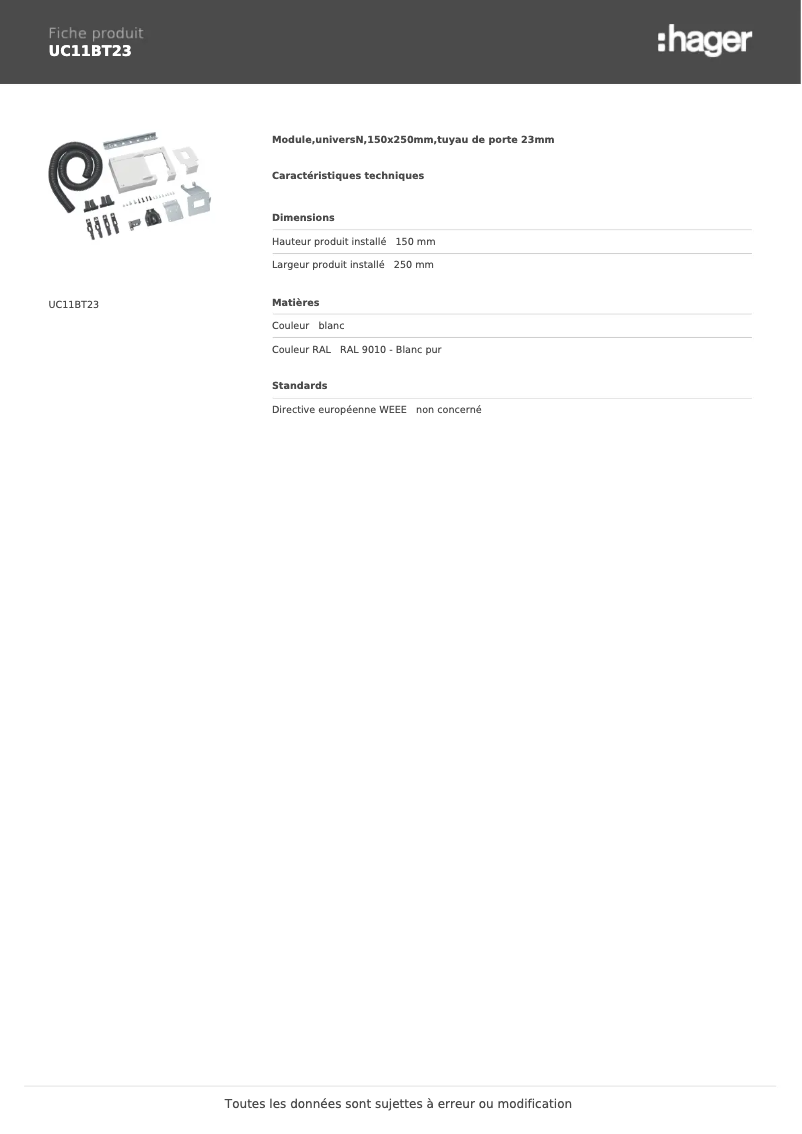 Page 1 de la notice Manuel utilisateur Hager UC11BT23