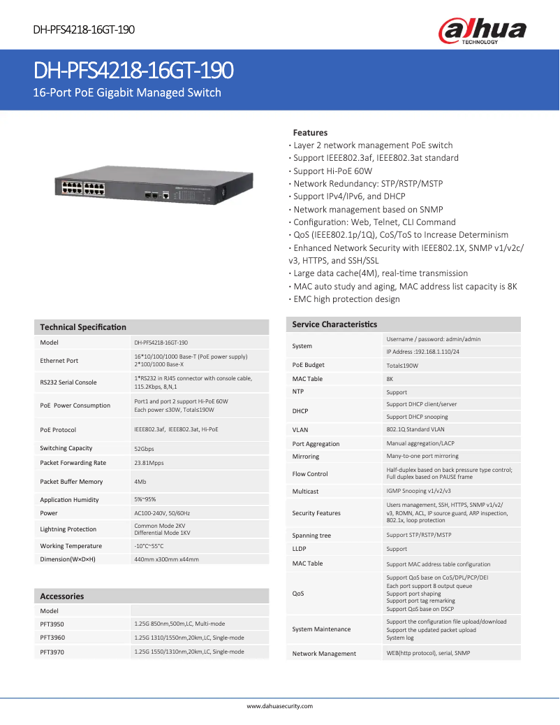 Page 1 de la notice Fiche technique Dahua Technology PFS4218-16GT-190