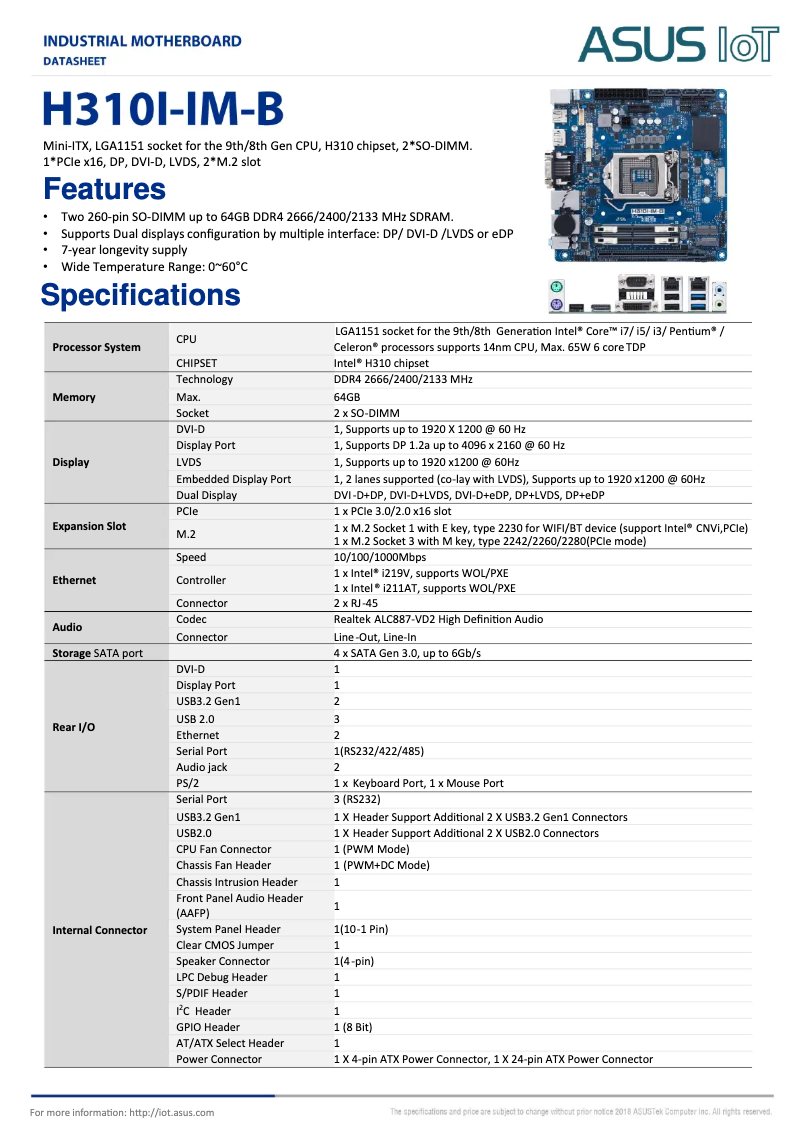 Page 1 de la notice Fiche technique Asus H310I-IM-B