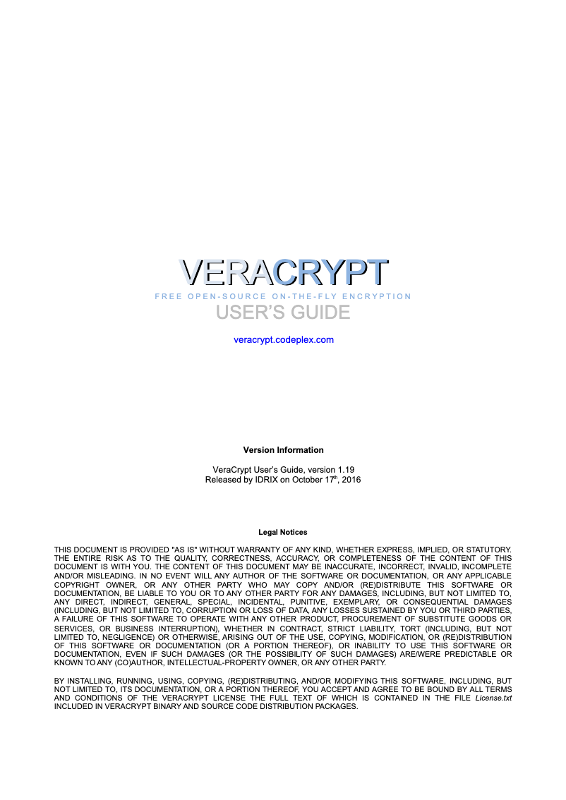 Page 1 de la notice Manuel utilisateur VeraCrypt 1.19