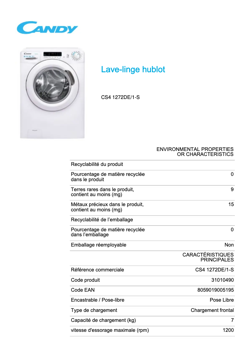 Page 1 de la notice Fiche technique Candy CS4 1272DE/1-S