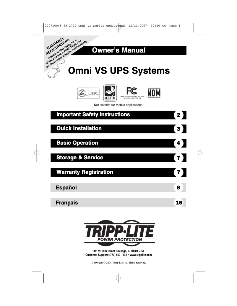 Page n°1 - Manuel utilisateur Tripp Lite OmniVS OMNIVS1000TAA
