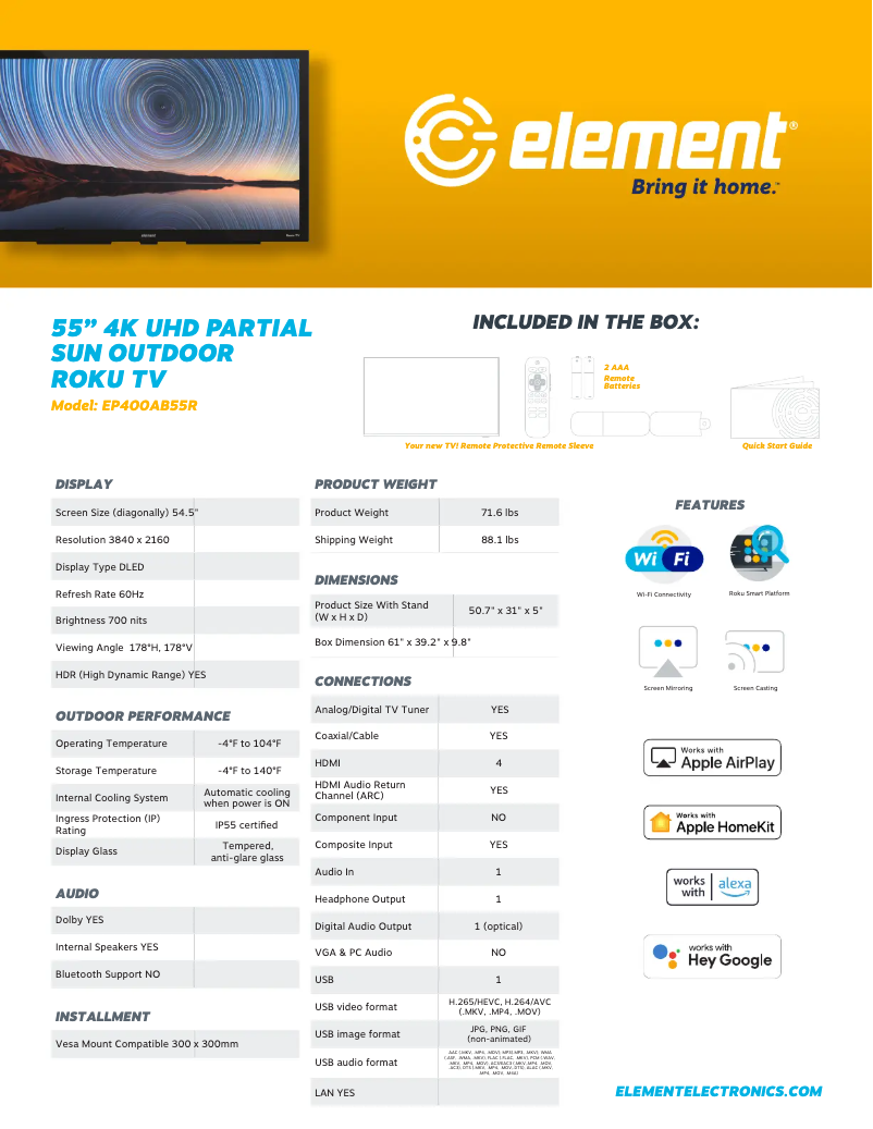 Page 1 de la notice Fiche technique Element EP400AB55R
