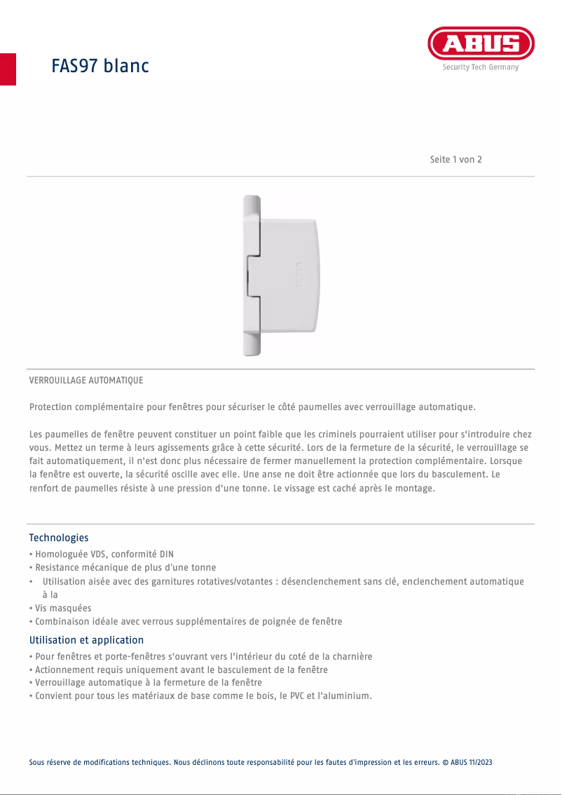 Page 1 de la notice Fiche technique Abus FAS 97