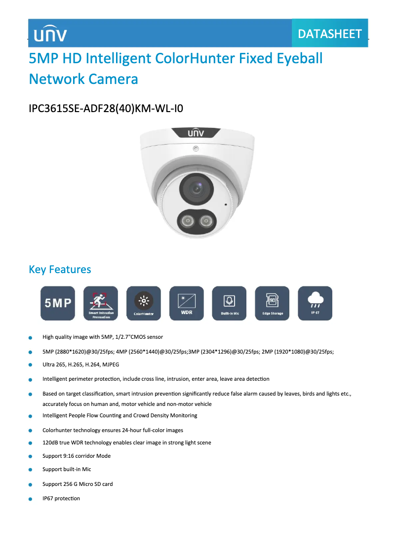 Page 1 de la notice Fiche technique UniView IPC3615SE-ADF28(40)KM-WL-I0