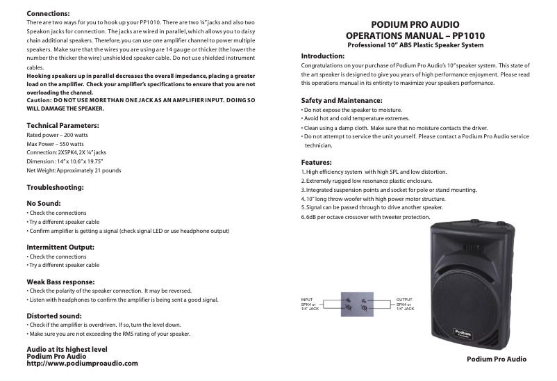 Page n°1 - Manuel utilisateur Podium Pro PP1010